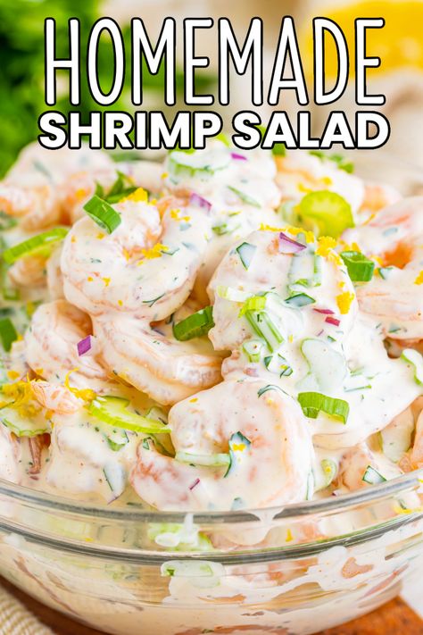 Shrimp Salad is a perfect summer meal. The bright & creamy dressing pairs perfectly with sweet succulent shrimp for a bite you won't forget! #BreadBoozeBacon #shrimpsalad #shrimp #salad #dill #lemon #mayo #onion #celery #seafood #sandwich #lunchideas #easydinner #lowcarb Shrimp Mayo Salad, Ww Shrimp Salad Recipes, Popcorn Shrimp Salad, Shrimp Potato Salad, Shrimp Salad Sandwich Recipes, Best Shrimp Salad Recipe, Cold Shrimp Recipes Appetizers, Easy Shrimp Salad Recipe, Creamy Cucumber Shrimp Salad