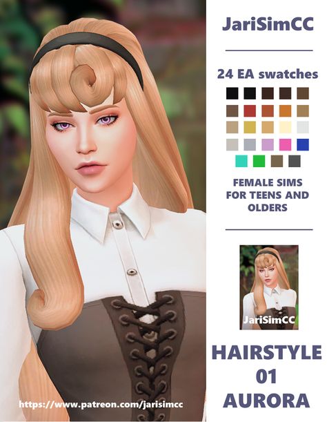 JariSimCC FemaleHair 01 Aurora + Accessories | JariSimCC Sims 4 Aurora Cc, Sims 4 Disney Cc, Hairstyle With Headband, Sims Costume, Disney Princess Challenge, Mod Hair, Cc Hair, Sims 4 Anime, Pelo Sims