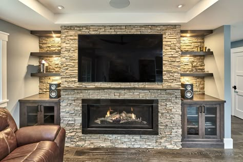 Cozy fireplace with amazing stone work Tv In Corner, Fireplace Upgrade, Linear Fireplaces, Farmhouse Fireplace Ideas, Living Room With Tv, Room With Tv, Dream Fireplace, Fireplace Diy, Cabin Fireplace