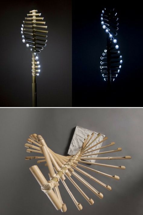 ‘Flow’ is a bamboo lamp, self-maintaining public lighting which operates on the principle of vertical wind turbine. The whole lamp disintegrates in nature except for the electronics – LEDs, wires and dynamo – which after time can be recycled without downcycling. Due to the simple junctions and mechanics, it can also be produced by the local unskilled workforce. #concept #lamp #lighting #lightingdesign #modernlighting #recycle #woodworking Nature Lamp Design, Public Lighting, Droplet Chandelier, Bamboo Lamps, Vertical Wind Turbine, Diy Pendant Light, Tiffany Style Lamp, Bamboo Light, Bamboo Lamp