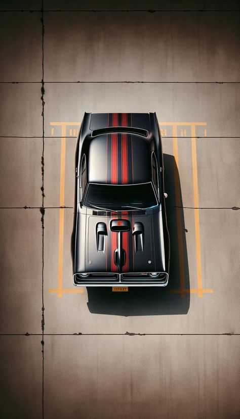 An aerial view of a black Mopar Muscle Car with bold red racing stripes, parked on an asphalt lot, creating a striking contrast. This iPhone wallpaper captures the essence of muscle car aesthetics, displaying the vehicle's sleek lines and sporty design. Aerial Wallpaper, Muscle Cars Wallpaper, Ford Mustang Wallpaper, Mustang Wallpaper, Car Iphone Wallpaper, Nascar Cars, Cars Art, Mopar Muscle Cars, Cars Wallpapers