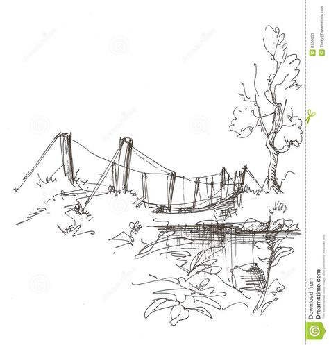 Bridge Over River Rural Landscape - Download From Over 54 Million High Quality Stock Photos, Images, Vectors. Sign up for FREE today. Image: 8756651 Rope Bridge Drawing, Landscape Transect, Drawing Of Landscape, Church Sketch, Landscape With Bridge, Church Illustration, River Illustration, Pencil Sketches Landscape, Bridge Over River