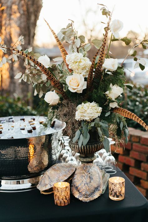 Wedding With Pheasant Feathers, Wedding Florals With Feathers, Quail Feather Bouquet, Floral Arrangement With Pheasant Feathers, Flower Arrangements With Pheasant Feathers, Duck Feather Wedding, Pheasant Feather Centerpieces Wedding, Wedding Pheasant Feathers, Pheasant Feather Decor Wedding