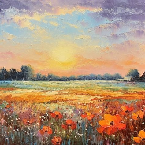 Dreamy sunset above wild flowers Flower Field Aesthetic Painting, Flower Field Landscape Painting, Meadow Watercolor Painting, Sunset Field Painting, Flower Field Oil Painting, Abstract Wildflower Painting, Wild Flower Field Painting, Flower Fields Painting, Flower Field Drawing