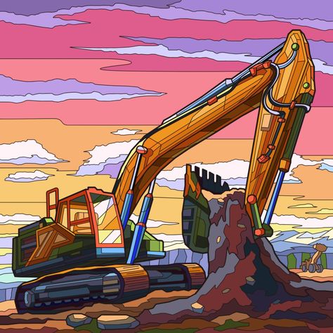 Construction Site Painting, Excavator Painting, Excavator Cartoon, Cartoon Construction Site, Vektor Truk Canter, Mechanical Art, Abstract Art Painting Diy, Car Cartoon, Art Practice