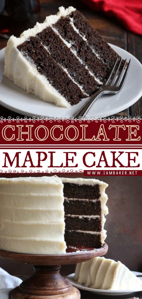 Chocolate Maple Cake, Maple Frosting Cake, Chocolate Fall Cake, Maple Cakes, Maple Cake Recipe, Maple Dessert Recipes, Yule Recipes, Cake With Maple Frosting, Maple Buttercream Frosting