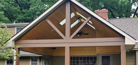 Can I have a gable roof on my covered deck or screened in porch? Gabled Roof Screened Porch, Gable Roof Screened Porch, Gabel Roof Design, Gable Roof Porch Addition, Roof With Windows, Open Gable Front Porch, Adding A Front Porch, Gable Roof Porch, Porch Gable