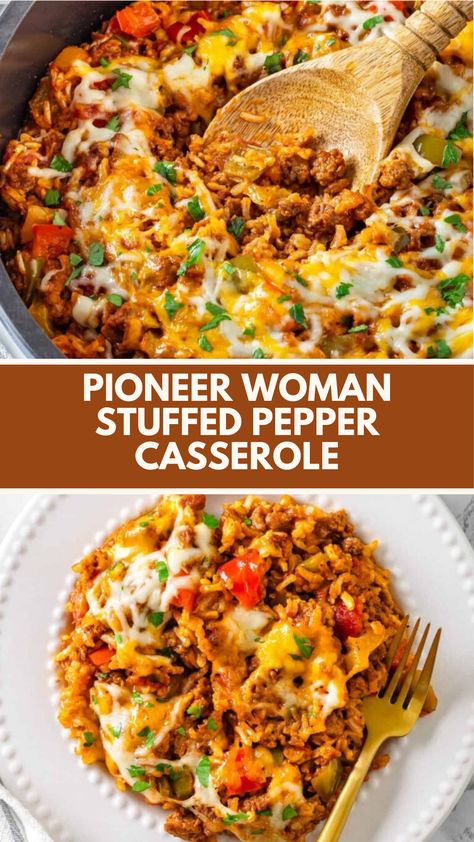 Pioneer Woman Stuffed Pepper Casserole is made with ground beef, bell peppers, rice, and cheese, seasoned with Italian or Cajun spices. It serves 6 and takes about 45 minutes to prepare and bake, offering a comforting and flavorful meal. Pioneer Woman Thai Beef With Peppers, Bell Pepper Stuffed Casserole, Meat And Bell Pepper Recipes, Bell Pepper Meal Ideas, Pioneer Woman Stuffed Pepper Casserole, Stuffed Bell Peppers Deconstructed, Turkey Unstuffed Peppers, Pepper Rice Casserole, Herb Infused Chicken And Bell Pepper Casserole