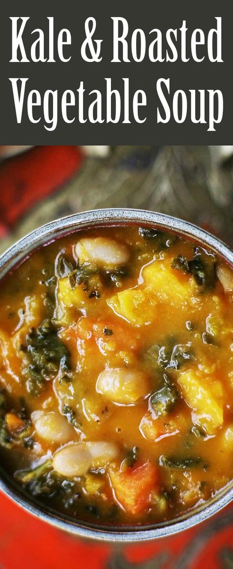 Kale and Roasted Vegetable Soup ~ A hearty winter soup recipe with kale, white beans, and roasted carrots, butternut squash, tomatoes, onions, and garlic.   ~ SimplyRecipes.com #soupandstew #gluten-free #vegan #kale Pritikin Recipes, Recipe With Kale, Autumn Soups, Daniels Fast, Veggie Soups, Roasted Vegetable Soup, Vegetable Soup Healthy, Winter Soup Recipe, Winter Soup