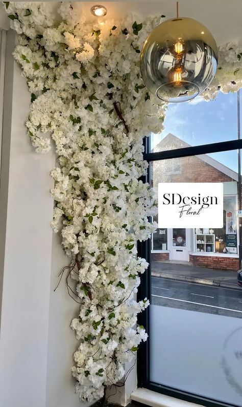 shop now! Salon Feature Wall Ideas, Cherry Blossom Garland, Selfie Backdrop, Wedding Flower Arch, Cherry Blossom Decor, Flower Swag, Floral Installations, Flower Arch, White Cherry Blossom