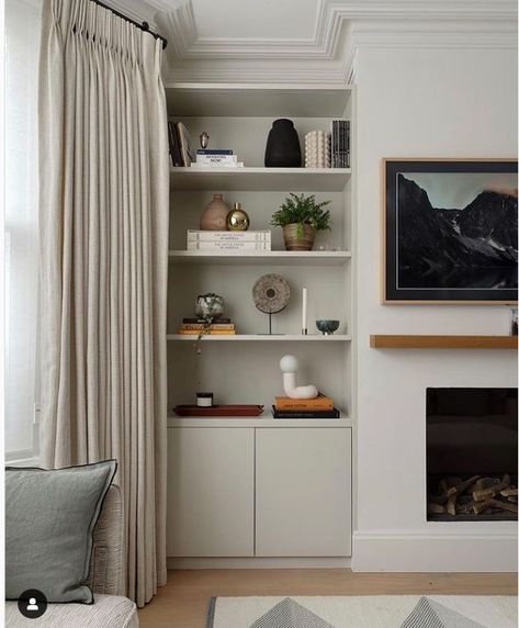 Built In Cupboards Living Room, Alcove Storage Living Room, Cupboard Living Room, Alcove Ideas Living Room, Living Room Cupboards, Alcove Shelving, Built In Shelves Living Room, Victorian Living Room, Living Room Built Ins