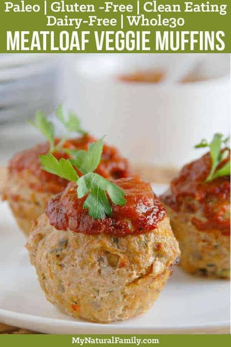 I love how these Paleo meatloaf muffins are moist AND healthy from the veggies and light from the ground turkey. {Clean Eating, Gluten-Free, Dairy-Free, Whole30} Paleo Meatloaf Muffins, Paleo Turkey Meatloaf, Turkey Meatloaf Muffins Recipe, Ground Beef Paleo Recipes, Turkey Meatloaf Muffins, Meatloaf Muffins Recipe, Paleo Meatloaf, Paleo Turkey, Veggie Muffins