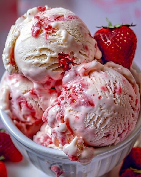 Homemade Cooking Crust | 🍓🍦 Strawberry Sensation Ice Cream 🍦🍓 | Facebook Strawberry Ice Cream Aesthetic, Girly Snacks, Strawberry Vanilla Ice Cream, Quick Sweets, Craving Food, Sundae Toppings, Gourmet Ice Cream, Strawberry Shortcake Ice Cream, Ice Cream Swirl