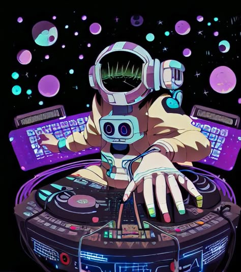 Dj Painting Ideas, Space Graffiti Art, Dj Character Design, Techno Illustration, Astronaut Animation, Dj Character, Music Astronaut, Robot Astronaut, Dj Cartoon