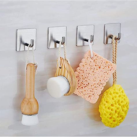 NEXCURIO Adhesive Hooks, Heavy Duty Wall Hooks Stainless Steel Strong Sticky Waterproof Hangers for Hanging Towels Robes Coats Keys Bags Hats - Bathroom Kitchen Office Organizer (4 Packs) Shower Hanger, Sticky Wall, Tool Hooks, Adhesive Wall Hooks, Adhesive Hooks, Shower Hooks, Antique Tiles, Door Hooks, Hanging Towels