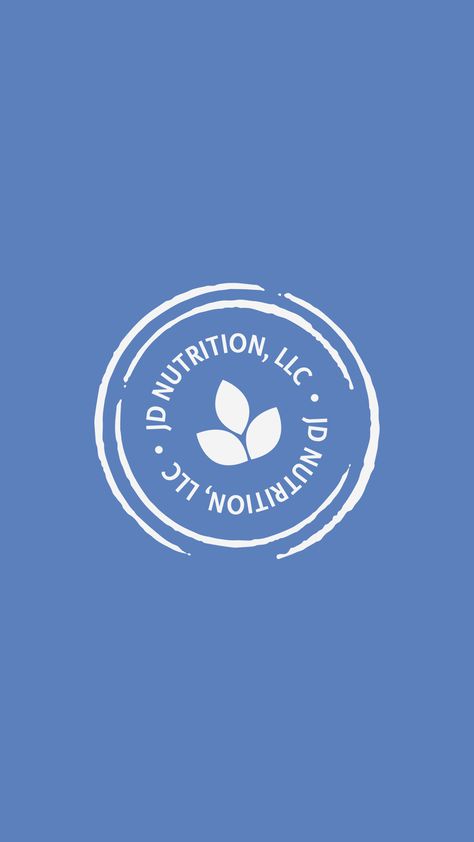 Graphic with a medium shade blue background and the stamp logo for JD Nutrition LLC made by Chloe Creative Studio. The stamp logo is a circle with the brand leaf icon at the center and the words "JD Nutrition LLC" surrounding it. Periwinkle Branding, Nutritionist Branding, Clinic Branding, Stamp Logo, Wordpress Website Design, Brand Guide, Branding Logo Design, Geometric Logo, Web Designer