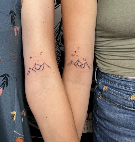 Friend Mountain Tattoo, Three Sister Tattoos Mountain, Big Dipper Mountain Tattoo, Mountain Range With Stars Tattoo, Three Sisters Tattoo Mountain, Star And Mountain Tattoo, Mountain Constellation Tattoo, Mountain And Constellation Tattoo, Mother Daughter Tattoos Mountains