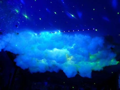 This is my DIY cloud light. It is in a black light room and has a sky projector Diy Cloud Light, Black Light Room, Sky Projector, Homecoming Themes, Cloud Ceiling, Hanging Clouds, Cloud Light, Cloud Decoration, Diy Led