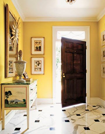 Yellow with Brown Door Yellow Hallway, Moore Kitchen, Yellow Kitchen Walls, Kitchen Color Yellow, Trendy Kitchen Colors, Yellow Paint Colors, Living Room Wood Floor, Kitchen Green, Revere Pewter