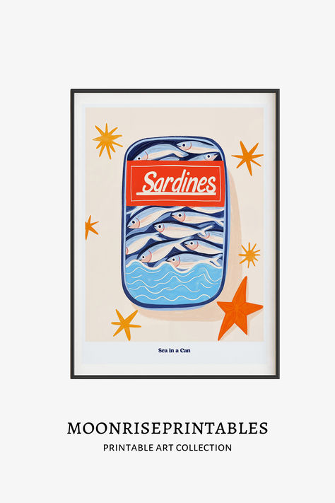 Retro Sardines Art Print – Quirky Coastal Kitchen Decor with Nautical Vibes, Perfect for Seafood Lovers and Beach-Inspired Wall Art Sardines Art, Coastal Kitchen Decor, Coastal Kitchen, Beach Inspired, Trendy Decor, Decor Wall, Printable Art, Seafood, Nautical