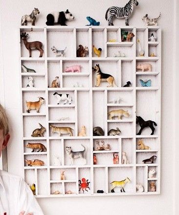 Toy or curio wall display - It took some internet investigating to discover this is (probably) a printer's tray painted and attached to the wall...WHERE TO FIND A PRINTER'S TRAY?! Toys Shelf, Toy Animals, Boy's Bedroom, Kids Storage, Kid Spaces, Kids' Room, Toy Storage, Kids Decor, Boy Room