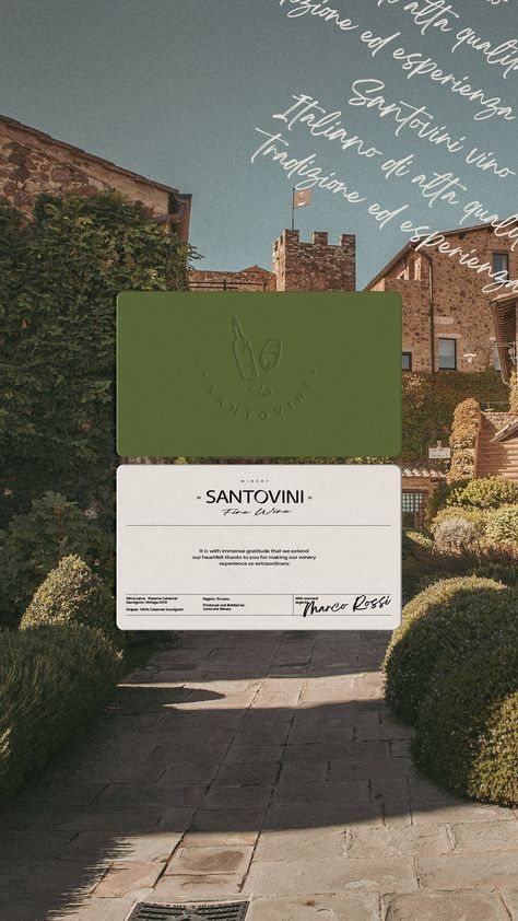 I've used natural colors, drawing inspiration from the hues of grapes and their leaves. 🍇 To infuse tradition and a personal touch into the brand, I've incorporated a handwritten element, adding that warm, human connection that sets Santovini apart from competitors. ✨ The embossed logo adds a timeless, elegant, and classy charm. 🤍 card design | winery | winery branding | green card | natural tones | classy | elegant #thankyoucard #carddesign #winerybranding #winerydesign Winery Graphic Design, Winery Color Palette, Olive Green Branding, Timeless Graphic Design, Winery Drawing, Thank You Design, Information Card Design, Green Branding Design, Olive Branding