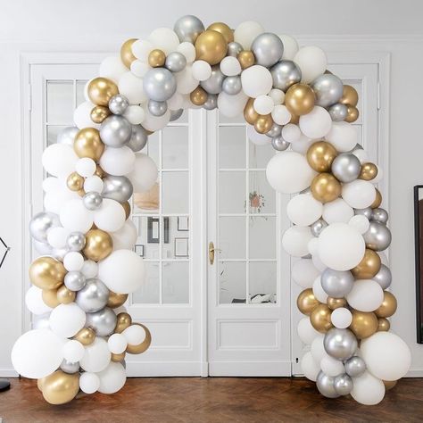 Balloon Arch Entryway, Balloon Decorations Arch, Gold And Silver Balloon Arch, Arch Balloons Decoration, Balloon Arch With Backdrop, Gold And White Balloon Arch, White Gold Balloon Arch, White And Gold Balloon Arch, Balloon Arch White