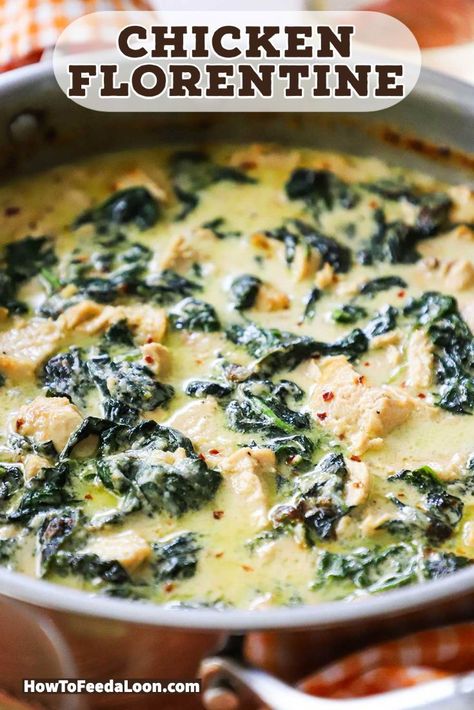 Creamy Chicken Florentine is a deeply flavorful dish consisting of juicy chicken strips simmered a creamy sauce and finished off with sautéed spinach, lemon, seasonings, and Parmesan. Heavenly! Get the complete recipe with ALL-NEW VIDEO on the blog! Florentine Chicken, Chicken Alfredo Florentine, Easy Chicken Florentine Recipe, Stuffed Chicken Florentine, Spinach Florentine, Healthy Chicken Florentine, Creamy Spinach Chicken, Creamy Parmesan Sauce, Chicken Florentine