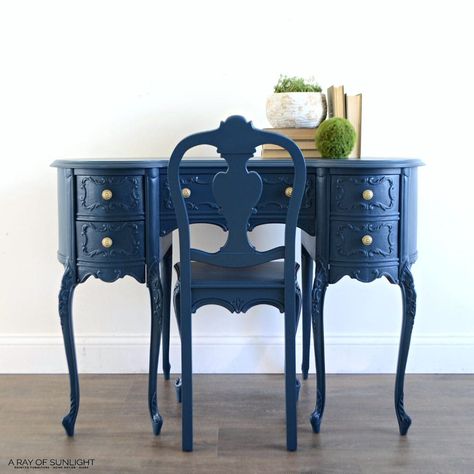 Antique Desk Makeover Navy Painted Furniture, Antique Desk Makeover, Colorful Eclectic Living Room, Office Space Ideas, Country Chic Paint, Colorful Eclectic, Chalk Painted Furniture, Desk Makeover, Desk And Chair