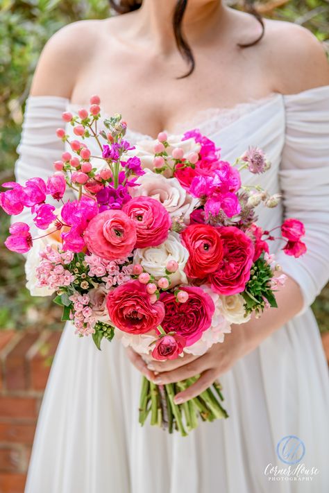 Bright Pink Roses Bouquet, Bright Pink Flower Bouquet, Bright Pink Bridal Bouquet, Pink Bouquet Prom, Bright Pink Wedding Flowers, Pink Wedding Mood Board, Pink Butterfly Ranunculus, Hot Pink Bridal Bouquet, Hot Pink Wedding Bouquet