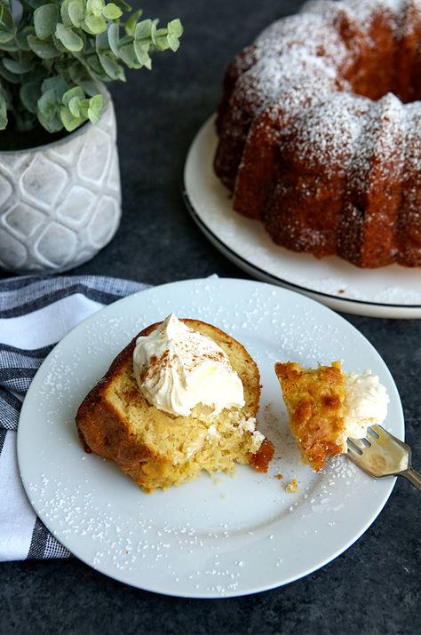 moist apple studded Bundt cake made w/olive oil. Here serving 10-12 - halve it? March 20- Rich! Lots of eggs, cream ...