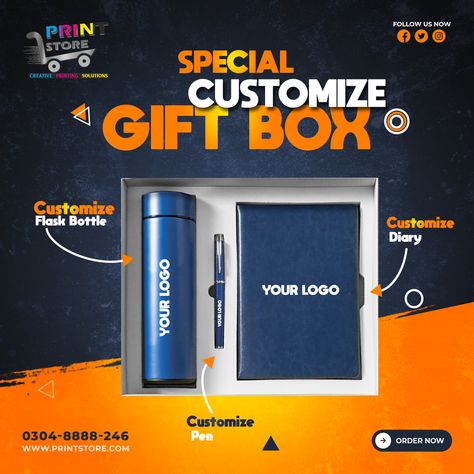 Corporate Gift Box Customize Yours. Order Now. We Have Served More Than 1100 Clients With 7 Years Of Experience. #Multan #fabrication #printstore93 #canvasprinting #Pakistan #offsetprinting #Islamabad #digitalprinting #screenprinting #promotionalproducts #keychain #tshirtprinting #giftbox #billboard #businessowner #corporate #industrial #Lahore #Expert #tshirt #viral #graphicdesign #corporategifts #business #tshirts #brochures #tshirtdesign #keychainprinting #karachi #Faisalabad New Year Corporate Gifts, Gifts Banner, Corporate Giveaways, Custom Flask, Real Estate Marketing Design, Creative Advertising Design, Customised Gifts, Publicidad Creativa, Creative Books