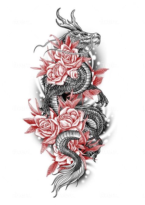 Dragon Tattoo With Flowers, Dragon Thigh Tattoo, Dragon Tattoo Drawing, Red Dragon Tattoo, 16 Tattoo, Dragon Tattoo Art, Yakuza Tattoo, Dragon Sleeve Tattoos, Dragon Tattoo For Women