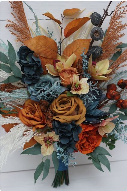 Rust Bouquet, Blue Orange Flowers, Bouquet Navy Blue, Fall Wedding Color Schemes, Rusting Wedding, Western Themed Wedding, Burnt Orange Weddings, Teal Wedding, Fall Wedding Flowers