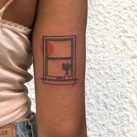 Window Scene Tattoo, Rectangle Tattoo Placement, Fine Line Shin Tattoo, Rectangle Frame Tattoo, Windowsill Tattoo, Window Frame Tattoo, Square Tattoo Frame, Archie Tattoo, Window Tattoo Simple