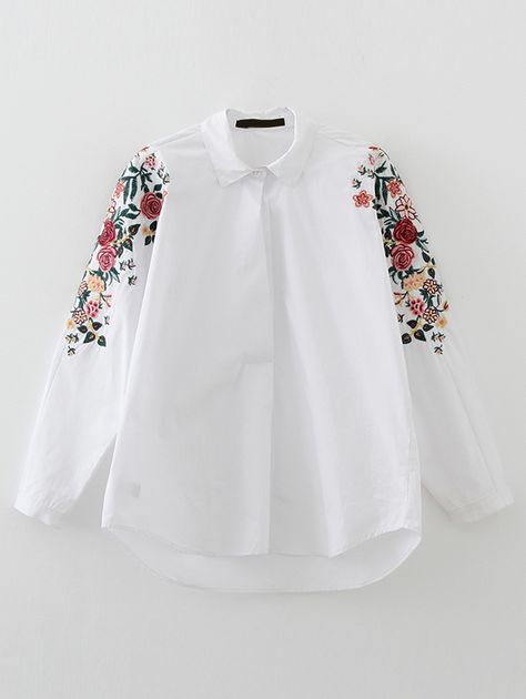 Embroidery Shirts For Women, White Flower Embroidery, Sleeve Embroidery, Trendy Shirt Designs, Pocket Blouse, High Low Blouse, Fashion Tops Blouse, Couture Mode, Embroidery On Clothes