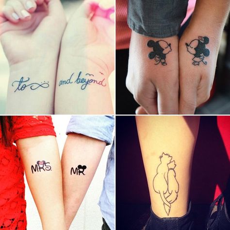 24 Disney Couple Tattoos That Prove Fairy Tales Are Real Disney Çiftleri, Matching Disney Tattoos, Disney Couple Tattoos, Couple Tattoos Unique Meaningful, Couple Tattoos Love, Couples Disney, Wife Tattoo, Tattoo Off, Cute Matching Tattoos