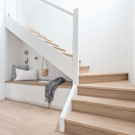 Coastal Hallway, Brisbane House, Under Stairs Nook, Stair Nook, تحت الدرج, درج السلم, Engineered Timber Flooring, Stairs Ideas, Stables Design