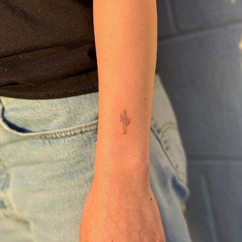 Mini Tattoos Western, Cactus Tattoo Women, Cactus Tattoo Fineline, Small Arizona Tattoos For Women, Cactus Small Tattoo, Small Punchy Western Tattoos, Small Desert Tattoos For Women, Western Dainty Tattoos, Cactus Sun Tattoo