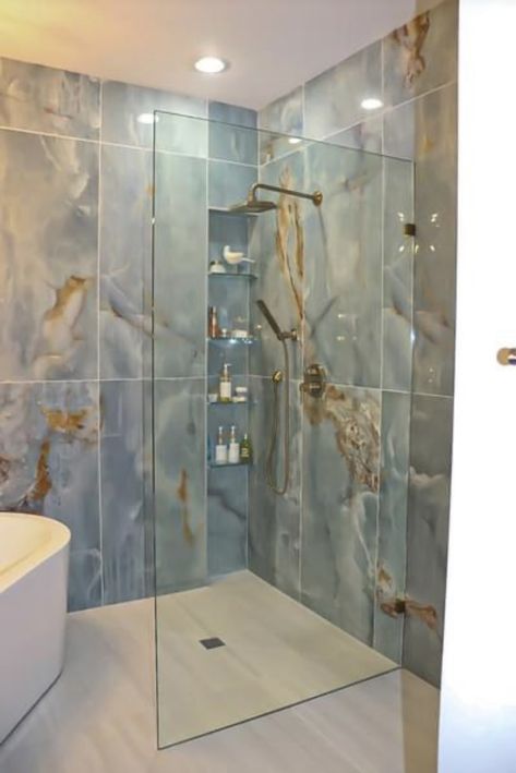 Jack N Jill Bathroom, Jack And Jill Bathroom Ideas, Onyx Bathroom Ideas, Washroom Tiles, Blue Shower Tile, Suite Bedroom, Bathroom Improvements, Bathrooms Ideas, Modern White Bathroom