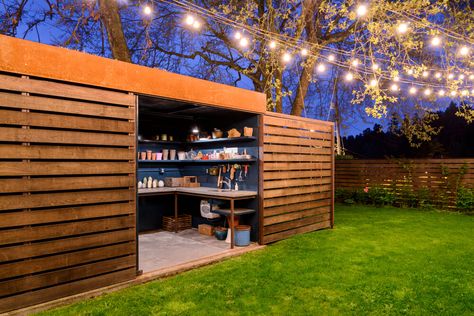 Modern Outdoor Storage, Shed Pool House, Shed Architecture, Architecture Tools, Landscape Design Garden, Shed Landscaping, Yard Sheds, Outdoor Storage Shed, Garden Tool Shed