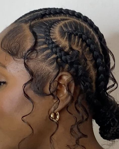 Corn Rows Natural Hair No Weave, Cool Braids Hairstyles, Corn Row Hairstyles On Natural Hair, 2 Bun Braids, Goodest Braids Hairstyles, Braids Without Weave, Goddess Cornrows Buns, Cornrows Braids With Curls, Cornrow Hairstyles With Curls