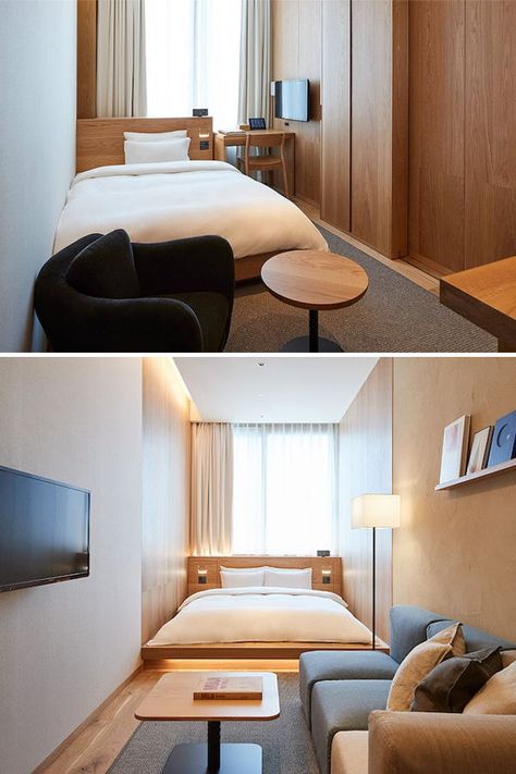 New Hotel Room Design, Muji Hotel Ginza, Small Room Hotel Design, Small Hotel Rooms Ideas, Muji Hotel Interior Design, Tiny Hotel Room Design, Small Hotel Room Interior Design, Hotel Room Minimalist, Minimalist Hotel Room Design