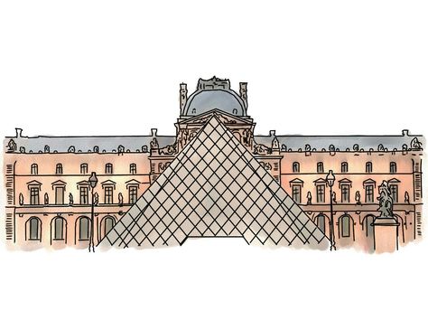 Louvre Louvre Tattoo, Louvre Illustration, Louvre Drawing, France Scrapbook, Architecture Windows, Louvre Palace, Famous Monuments, Paris Travel Guide, Louvre Paris