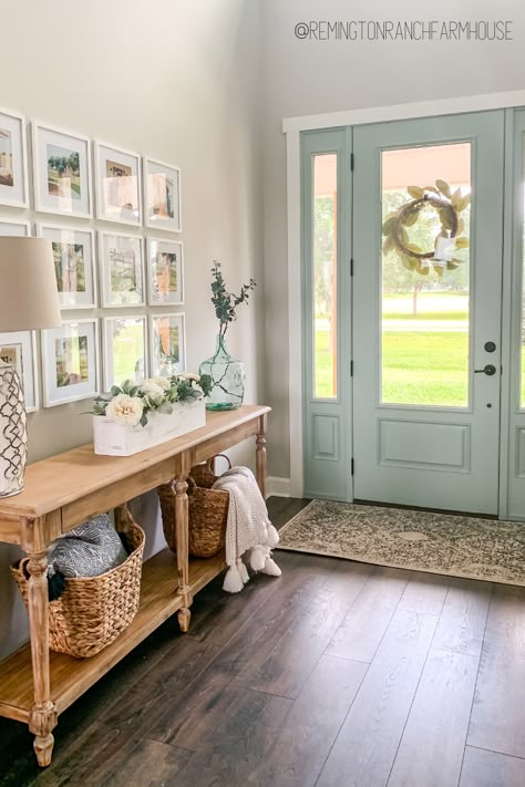 Console Table With Pictures On Wall, Picture Wall With Console Table, Front Door Hallway Decor, Picture Wall Console Table, Mudroom Console Table, Combined Entry And Living Room, Entryway Into Living Room Ideas, Foyer Picture Wall Entryway, How To Match Curtains And Rugs