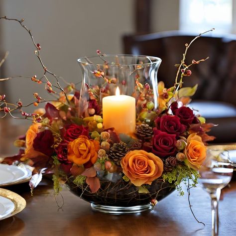 Autumn Flower Table Arrangements, Italy Theme Centerpiece, Red And Orange Centerpieces, Fall Thanksgiving Centerpieces, Elegant Fall Wedding Centerpieces Classy, Fall Garland Centerpiece, Floral Arrangements Thanksgiving, Bright And Cheery Floral Arrangement, Fall Wedding Centerpieces For Round Tables