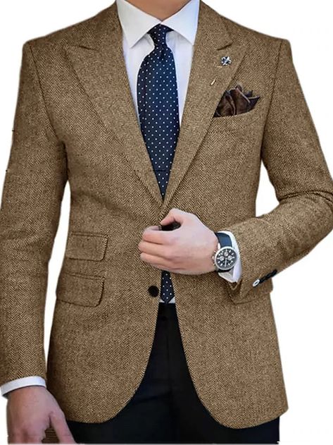 Men's Retro Vintage Tweed Blazer Herringbone Blazer Regular Plus Size Single Breasted Two-buttons Black Champagne Red Royal Blue 2024 2024 - $59.99 James Bond Suit, Brown Tweed Blazer, Stylish Mens Suits, Herringbone Blazer, Mens Fashion Blazer, Mens Blazer Jacket, Men Stylish Dress, Herringbone Tweed, Fashion Suits For Men