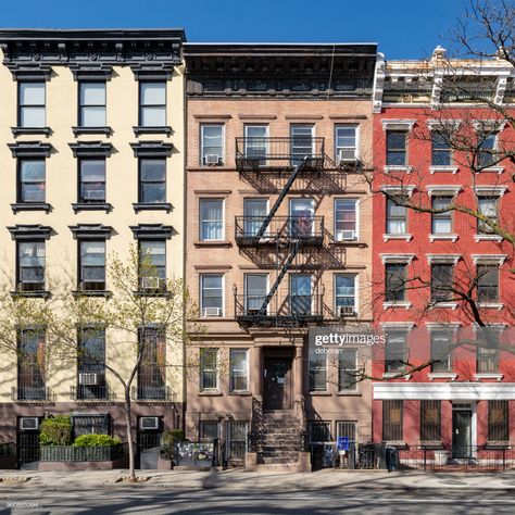 New York Buildings, Apartment Exterior, City Layout, Old Apartments, Fire Escape, Blue Sky Background, East Village, Old Buildings, Abstract 3d