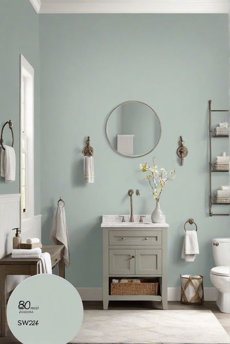 bathroom interior design,interior wall paint,wall decor ideas,paint color schemes Sw Mountain Air Paint, Calming Bathroom Paint Colors, Sw Mountain Air, Bathroom Wall Paint Colors, Calming Bathroom Colors, Blue Green Paint Colors, Little Cottage House, Green Bathroom Paint, Calming Bathroom