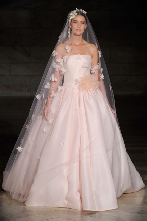 Reem Acra Wedding Dress, Reem Acra Bridal, Pink Wedding Gowns, Colour Wedding, Blush Pink Wedding Dress, Pink Ball Gown, Pink Wedding Dress, Reem Acra, Red Wedding Dresses